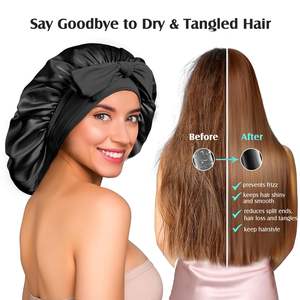 Vente en gros de bonnets en satin de taille moyenne, couleur unie, pour soins capillaires, avec lien ajustable - Product Image 6