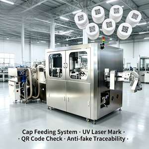 Solución de integración de máquina de alimentación automática de tapas de botellas con marcado láser UV y código Data Matrix para rechazo de productos indelebles y trazabilidad. - Product Image 1