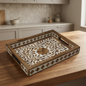 Bandeja de Servir Ecológica de Madera de Acacia, Rectangular, con Diseño de Plantas, Hecha a Mano, Diseño Moderno con Asas para Comedor - Product Image 3