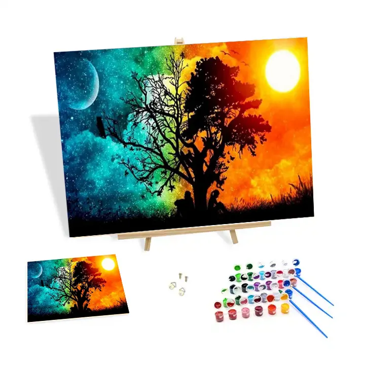 Popüler boyama numaraları kitleri ay ve güneş ağacı Diy yağlıboya akrilik özel boyalar ev duvar için sanat dekoru 24 renkler