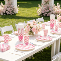 Vaisselle jetable à carreaux roses pour mariage, fête prénuptiale, anniversaire et fournitures de fête : serviettes, assiettes en papier, gobelets en papier