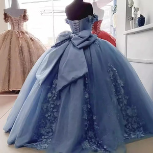 Blue Off The Shoulder Ball Gown Chiffon Floral Print Empire Waistline Evening Dress For Piano Performance Graduation Ceremony - Product Image 3