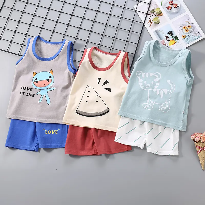 New Summer Children's Clothing Kids' Vest Set Boys and Girls Cotton Sleeveless Top Shorts Set