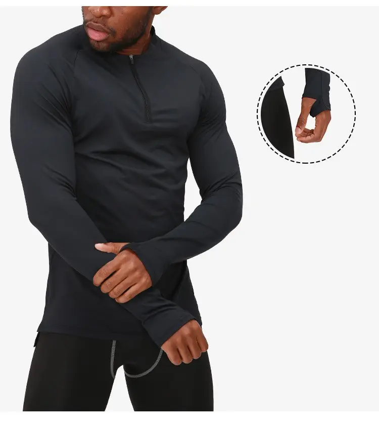 Wholesale Long Sleeves Men's Stretch Sports T-shirt Custom Zip Gym Workout Training Running Sport T-shirt for Men