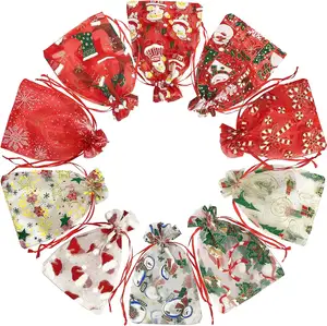 At A Loss Christmas Organza Bags 13*18 Christmas Mesh Drawstring Small Gift Bags Holiday Party Favor Treat Bag