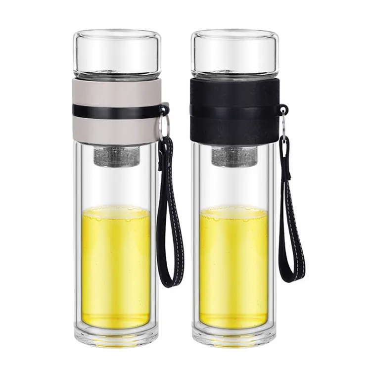 Double Wall Glass Tea Bottle with Infuser Portable Glass Tea Strainer Leak-Proof Glass Tumbler Water Separation Tea Filter Cup