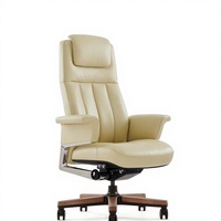 Fauteuil de bureau exécutif en cuir crème, dossier haut, pivotant et inclinable, avec structure en alliage d'aluminium, base en bois à cinq branches, appui-tête et accoudoirs rembourrés