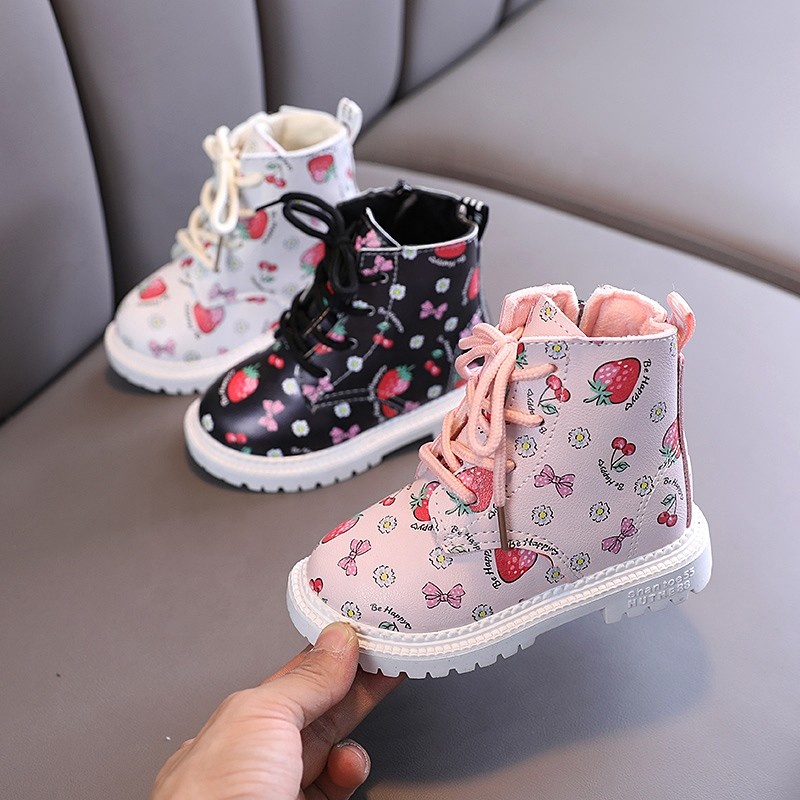 Kids winter fashion child leather snow boots for girls warm boots shoes casual plush child shoes strawberry pattern