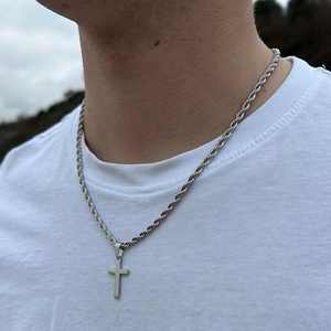 <b>Men's</b> Stainless Steel Golden Plated <b>Cross</b> Pendant, Fashionable Simple Rope Chain <b>Necklace</b> for <b>Men</b> Gift - Product Image 5