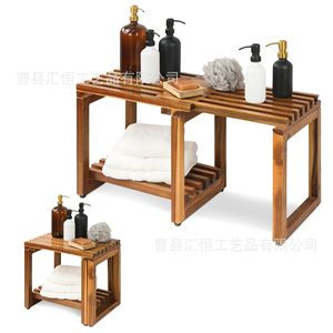 Huiheng Wooden Bathroom Stool With Storage Shelf Brown Extendable <b>Shoe</b> Changing <b>Bench</b> For Entryway Or Bathroom - Product Image 4