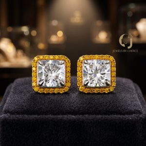 Boucles d'oreilles clous halo en or bicolore 14K avec diamants jaunes fantaisie taille coussin, 0,46 ct, cultivés en laboratoire, tendance, à fermoir à vis - Product Image 3