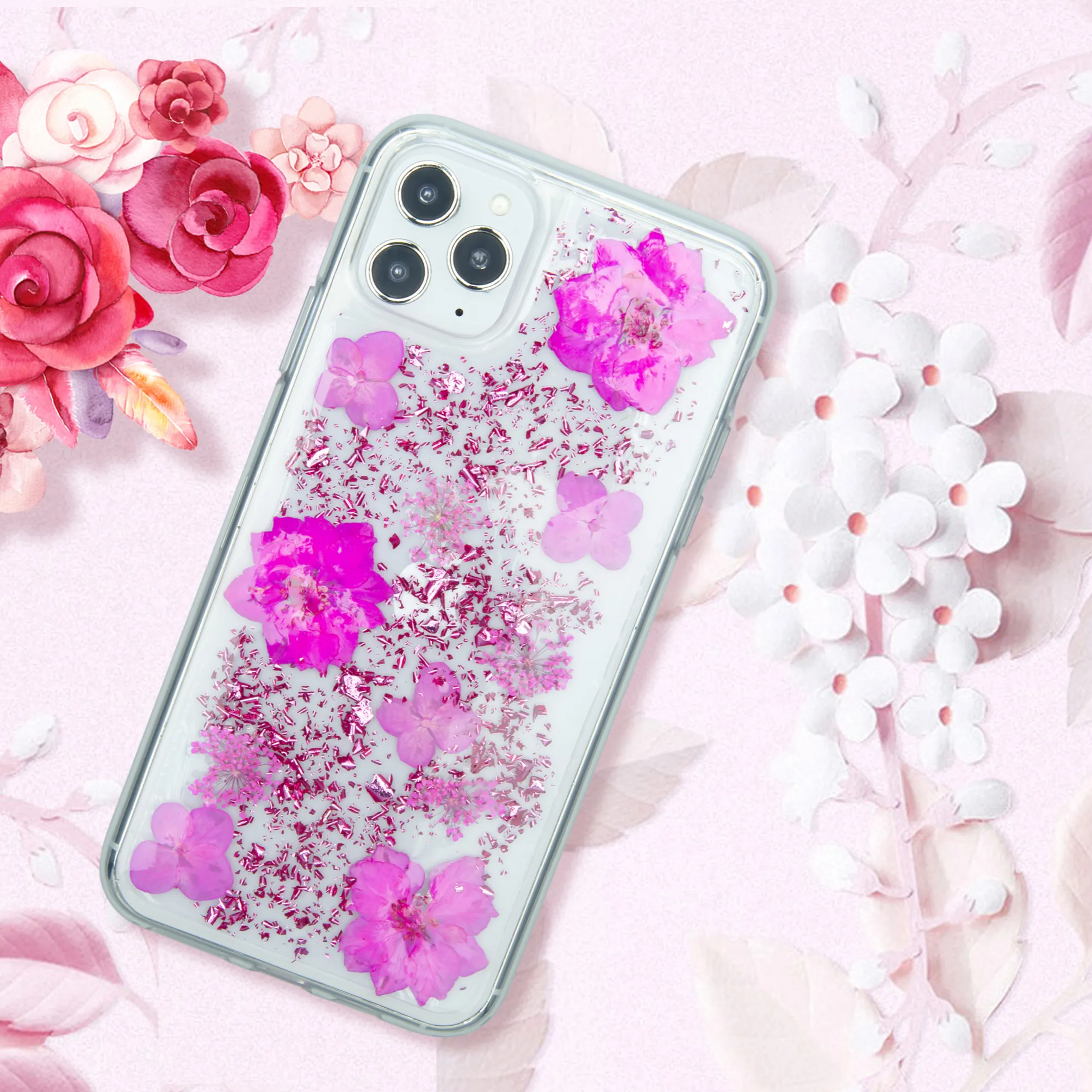 Funda de Tpu con purpurina para teléfono móvil iphone, carcasa personalizada antigolpes con estampado de flores para iphone 11 12pro Max