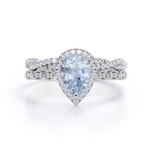 Anillo de Compromiso de Plata de Ley 925 con Corte de Pera y Aguamarina, Chapado en Oro, Gema Azul Clásica Certificada Fina - Product Image 1