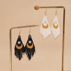 Go2boho Handmade Boho Beaded Long Fringe Earrings For Women Handwoven Tassel Tribal Style Beautiful Jewelry Moon Star Pattern