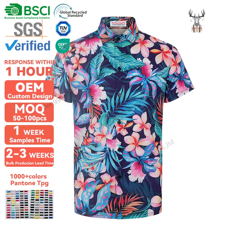 Nanteng personalizado de alta calidad Resort 80% poliéster patrón Floral manga corta cuello vuelto sublimación hombres botón camisas