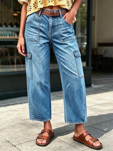 Jeans Cargo da Donna a Vita Alta con Tasche Multiple, Pantaloni in Denim Vintage Larghi e Dritti, Modello 8 Punti - Product Image 6