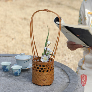 Bamboo Woven Flower Basket Round Lacquered Openwork Handheld Vase For Living Room Decor - Product Image 2