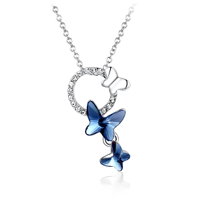 Hermosa Kiss Butterfly Austria Crystals Pendant Necklace 925 Sterling silver Chain Birthday Gift for Women Girls