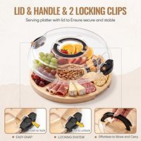 Papan Sajian Charcuterie Bambu dengan Tutup dan Wadah Es & Mangkuk Keramik, Papan Keju Bulat Portabel, Nampan Sajian Camilan Terbagi untuk Piknik dan Pesta