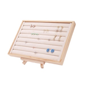 Bamboo Wood Grooved Velvet Leather Rings <b>Earrings</b> Jewelry Display Tray Organizer Jewelry showcase Trays for Shop Display - Product Image 1