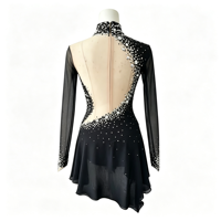 Robe de patinage artistique asymétrique noire à manches longues, dos ouvert, ornée de strass, pour filles et femmes adultes
