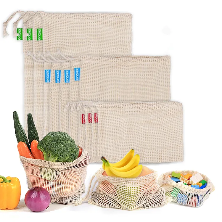 Riutilizzabile in cotone biologico produrre borse set per acquisto di generi alimentari di frutta verdura di cotone sacchetto della lavanderia della maglia lavabile