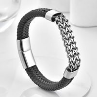 Bracelet en cuir véritable pour homme avec fermoir magnétique en acier inoxydable, double chaîne à maillons, logo personnalisé, tendance