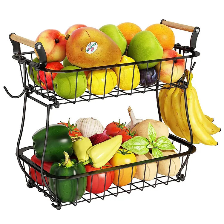 Organizer Iron Storage Stand Detachable Metal Wire Holder Rack 2 Tier Fruit Basket for Kitchen With Banana Hanger