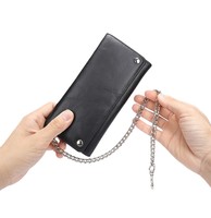 Portefeuille de motard en cuir véritable noir pour hommes pochette vintage à trois volets sac à main avec boucle porte-monnaie original à chaîne longue pour motards pour hommes