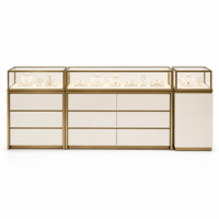 Comptoir de présentation de bijoux modulaire personnalisé, vitrine en verre mat crème, cadre en aluminium bronze, éclairage LED, vente en gros