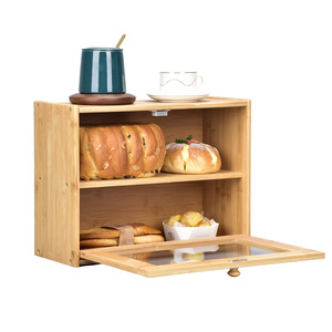 caja de pan de bambu Wooden Kitchen Food Storage 2 Tier Large Bamboo Bread Storage Box Container with Transparent Window
