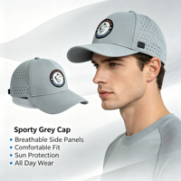 Casquette de baseball de performance grise structurée pour homme avec logo en patch de caoutchouc personnalisé découpé au laser et panneaux perforés respirants