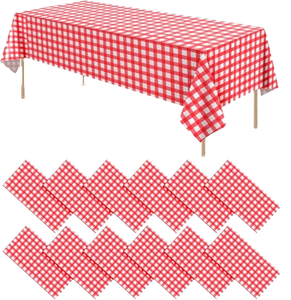 Printed Red Geometric Plaid Plastic Cover 4ft Disposable for Birthday Parties Weddings Picnics - Product Image 1