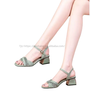 Sandales à talons épais et hauts pour femmes, ornées de strass et de perles, nouvelle collection été - Product Image 5