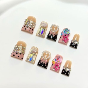 Faux ongles à presser faits main, motif bec de canard, avec strass scintillants, pois et French manucure noire, couvrance totale, vente en gros - Product Image 2