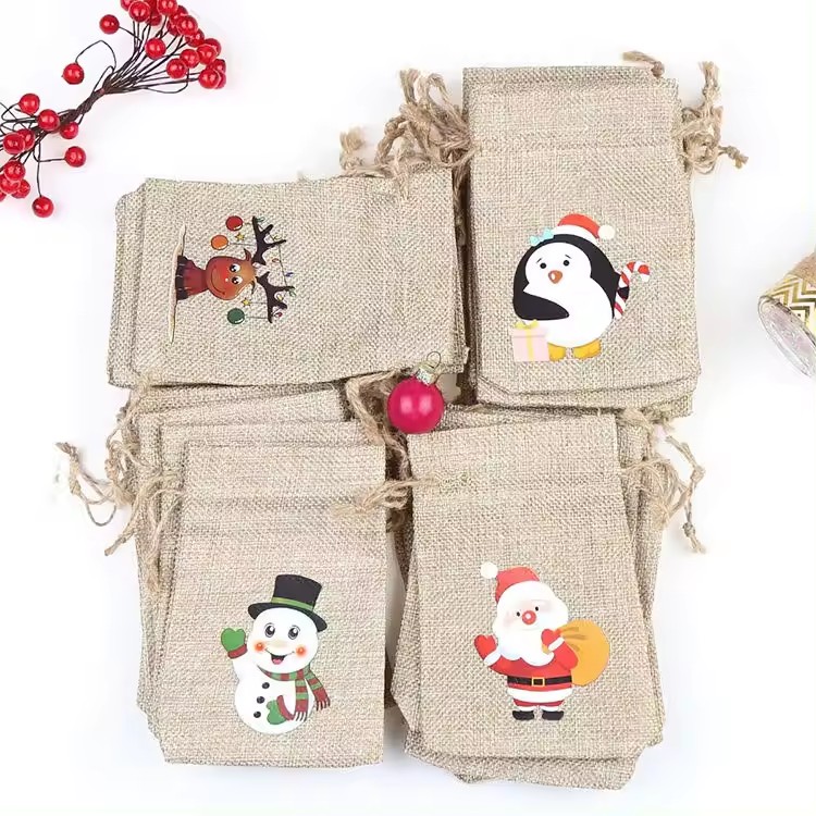 Eco Friendly Drawstrings Christmas Burlap Gift Bags With Snowman Printed