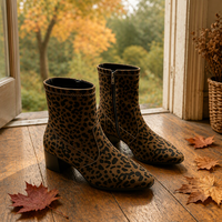 Bottes mi-mollet en daim à imprimé léopard, bout pointu, talon bloc empilé, imprimé animal, fermeture éclair latérale, chaussures automne-hiver pour OEM ODM