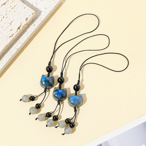 Natural Crystal Labradorite Rough Stone Faceless Cat Design Blue Moonstone Crystal Key Chain Demagnetizing Feature Wholesale