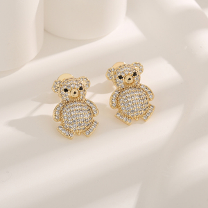 2024 vente chaude ours en peluche paire mignon 14K plaqué or cubique zircone conception de bijoux petites boucles d'oreilles femmes accessoires cadeau - Product Image 2