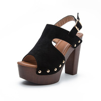 Sandales d'été rétro pour femmes à plateforme en bois, talon ultra haut, détails rivets, en PU, à brides, bout ouvert, à enfiler, légères, sexy et souples