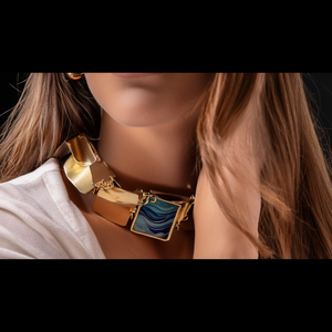 PVD Gold Plated Stainless Steel <b>Statement</b> <b>Necklace</b> With Blue Enamel Tiles For Women Fashion Jewelry - Product Image 3
