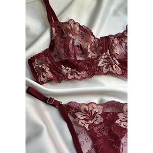 Ensemble de lingerie sexy en satin bordeaux, babydoll, détails floraux, taille XL, chaînes florales, dentelle, matière spandex, livraison directe - Product Image 1