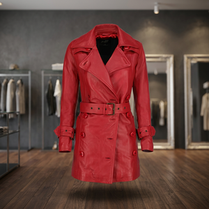 Manteau trench en cuir véritable pour femme, long, en peau de vache, tricoté, respirant, fermeture éclair, col rabattu, hiver - Product Image 1