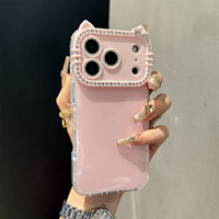 Coque de téléphone mignonne 3D couleur unie avec oreilles de chat pour iPhone 17 16 15 14 13 Pro Max, avec cadre d'appareil photo en strass scintillant et protection antichoc