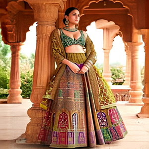 Lehenga Choli indien traditionnel avec imprimé dessiné à la main, en soie, longueur ras du sol, tenue de mariage pour femmes, coupe régulière, extensible - Product Image 2
