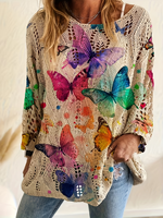 Sweater Rajut Wanita Motif Kupu-kupu Cerah 2026 Oversized Kerah Bulat Jaring Pointelle 100% Poliester Atasan Boho Berlubang