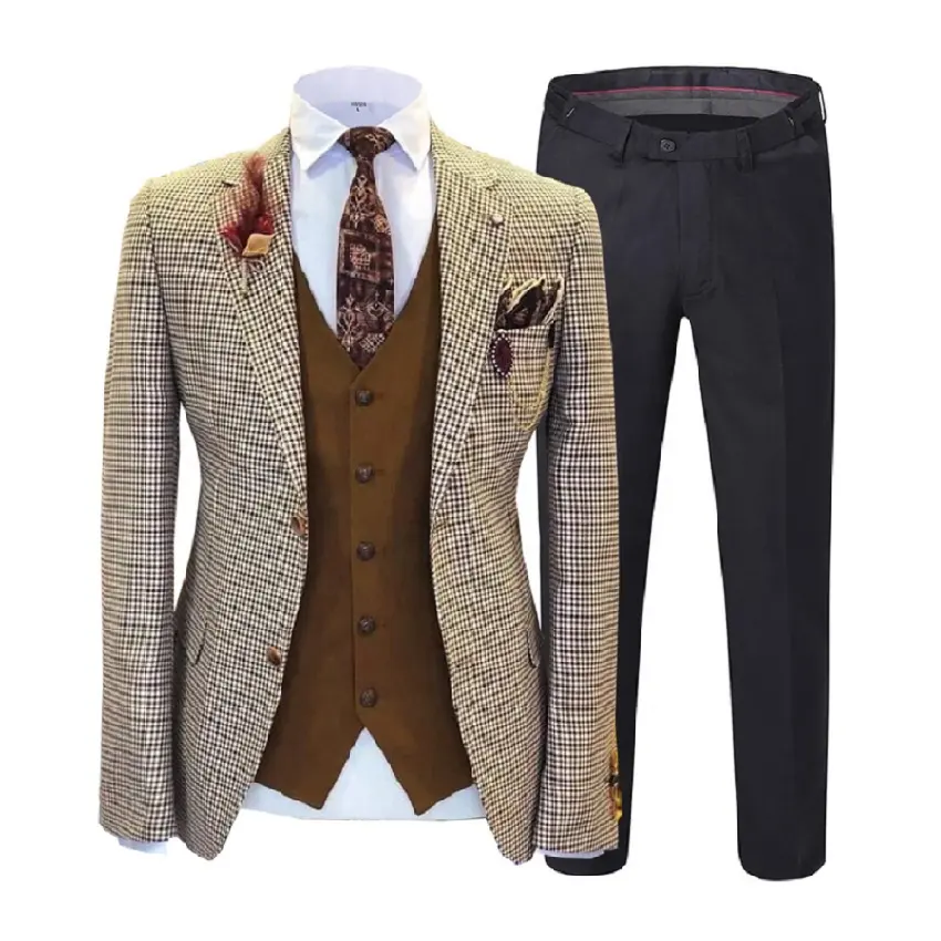Conjunto de 3 piezas de lana de Tweed para hombre, traje personalizado de corte Delgado, con diseño a cuadros, ideal para boda y negocios