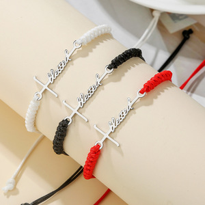 Waxed Thread Braided <b>Bracelet</b> Set Stainless Steel Cross Letter Unisex Jewelry Gift Fashion <b>String</b> <b>Bracelets</b> - Product Image 3