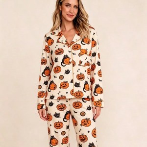 Conjunto de Pijama Unisex para Halloween, Ropa de Dormir para Días Festivos, Venta al por Mayor, Diseño Personalizado, Conjunto de Pijama de 2 Piezas con Botones - Product Image 1