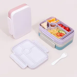 Kids Plastic Bento Lunch Box 4 Compartments Microwave Safe Food Storage Container Spoon Include Snack Box Eco Friendly Lunch Box